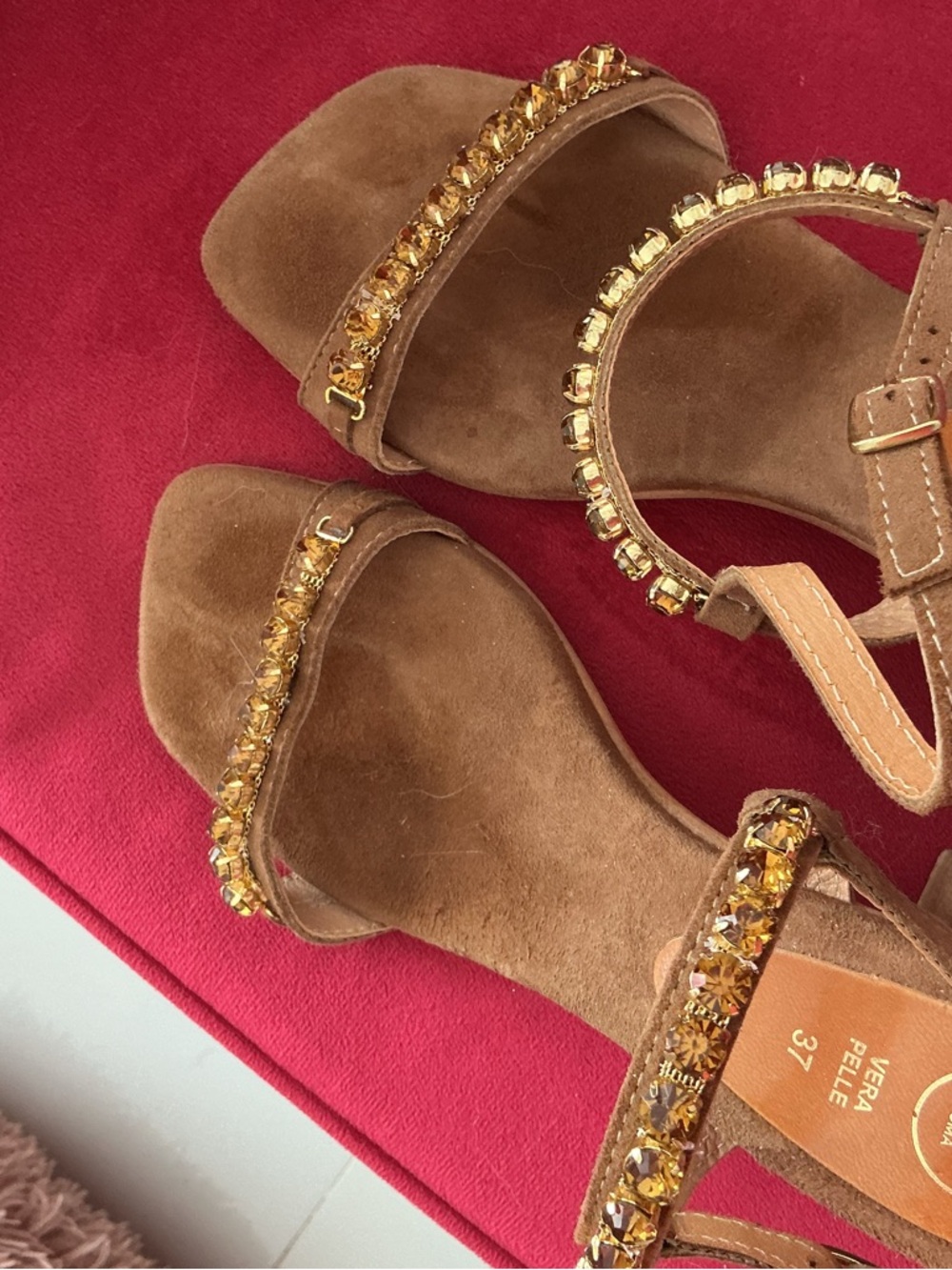 leather suede brown sandals with crystal stones size 7 - Picture 3 of 9